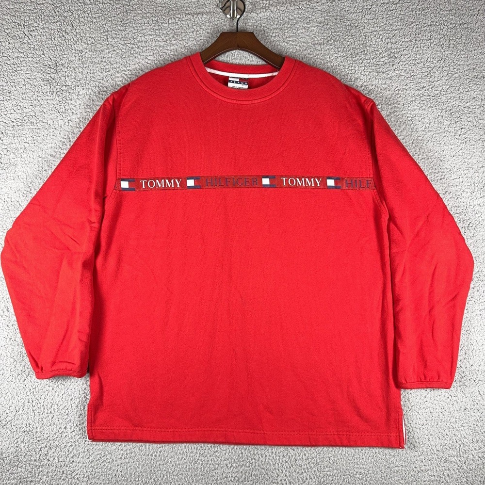 Vintage Tommy Jeans Long Sleeve Shirt Mens S Red Hilfiger Spell Out Logo Tape